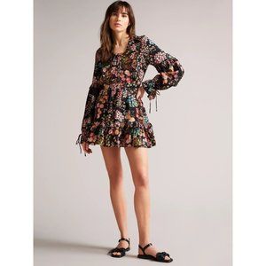 Ted Baker Hendria Floral Mini Dress with Ruffle Details in Black NWT size 6